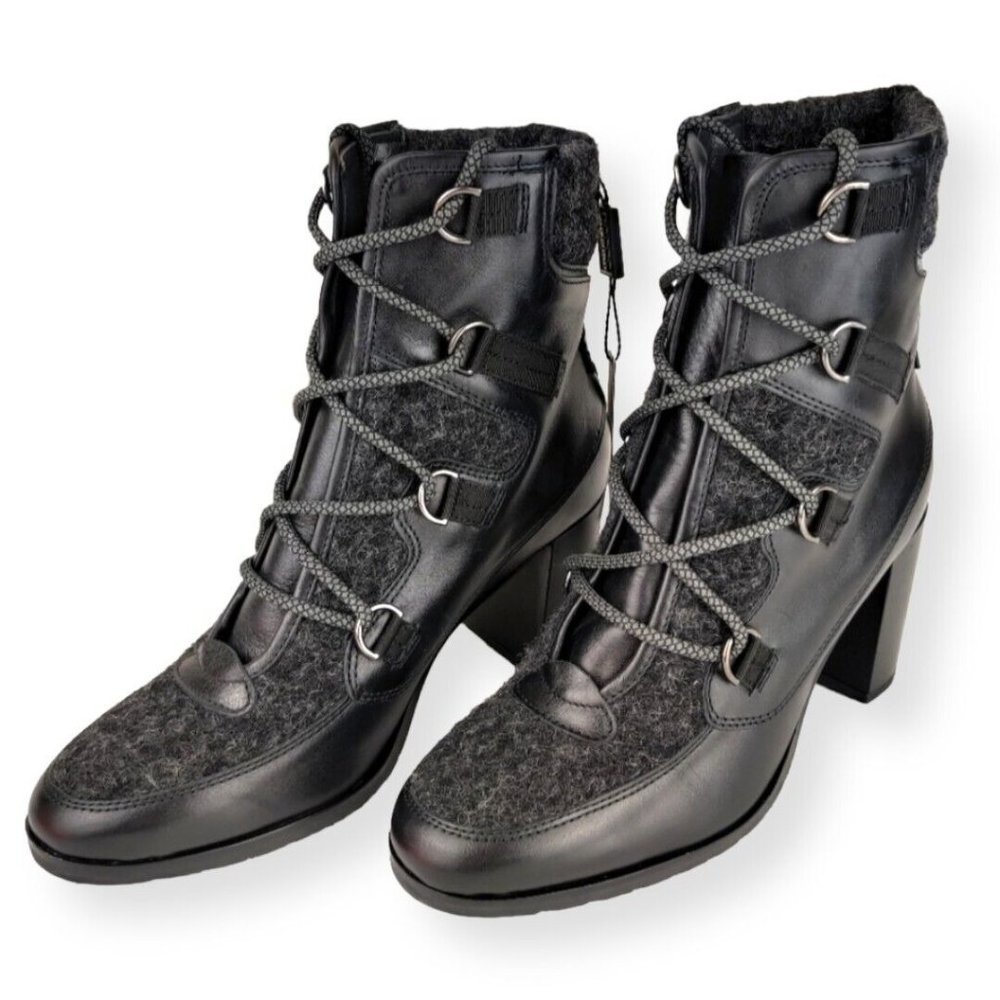 Napoleoni Italy Black Leather Wool Accent Closed Toe Lace Up Ankle Boot